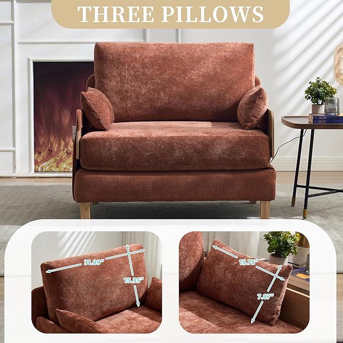 SLEERWAY Large 3 in 1 Convertible Futon Sofa Bed Chair 35 W Extra Wide Sleeper Chair Bed with Pull Out Couch Modern Chenille Chaise Lounge Armchair for Living Room Bedroom Playroom Orange