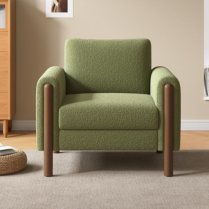 Oversized Accent Chair Upholstered Living Room Chairs Single Sofa Chair with Walnut Legs Curved handrail Green