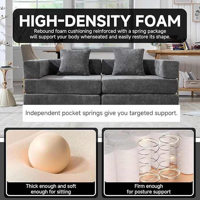 Convertible Sleeper Sofa Bed – 77'' 3-Seater Futon Couch with Corduroy Upholstery Pull-Out Floor Bed High-Density Foam No Assembly Perfect for Living Room Bedroom Apartment Studio (Grey)