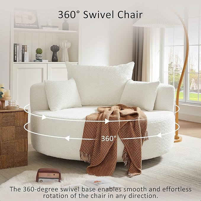 55 Oversized Round Swivel Accent Barrel Chair Modern 360 Degree Chenille Upholstered Comfy Chaise Lounge Chair Indoor Deep Seat Single Sofa Armchair for Living RoomBedroomOffice Beige