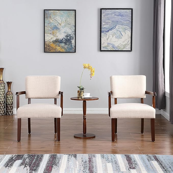 HMFULE 24.25'' Mid Century Accent Chair Set of 2 with Round Wood Table Modern Fabric Arm Chair for Living Room Bedroom Reading Room(Beige)