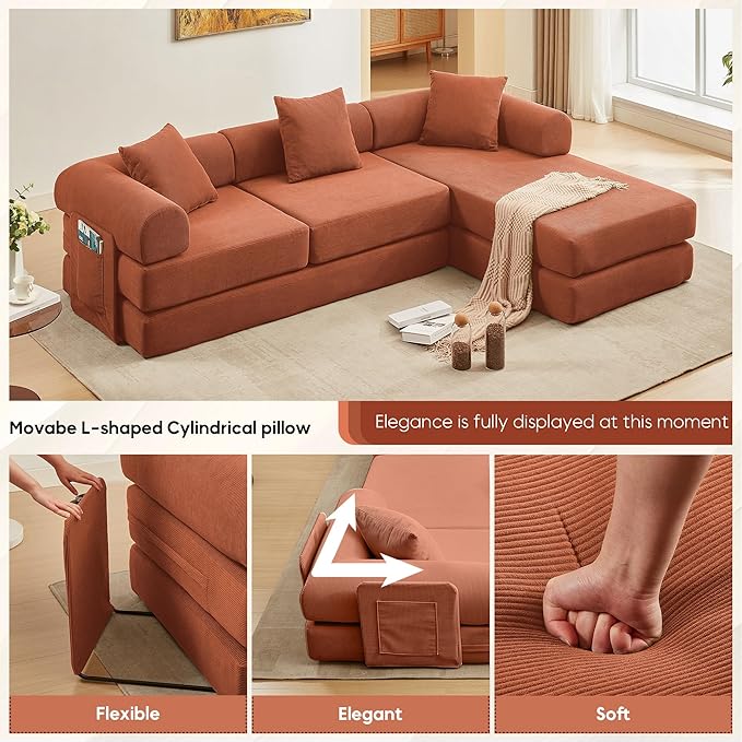 L Shaped Convertible Modular Sofa Bed with Cylindrical Pillow &amp Reversible Chaise Corduroy Folding Floor Sofa Couch Bed with Fixed-Shape Frame &amp Storage Pocket for Living Room Orange