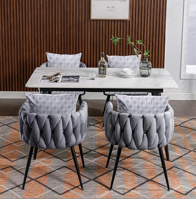 Generic Grey Modern Velvet Dining Chairs Set of 2 Hand Weaving Accent Chairs Living Room Chairs Upholstered Side Chair with Black Metal Legs for Dining Room Kitchen Vanity Living Room