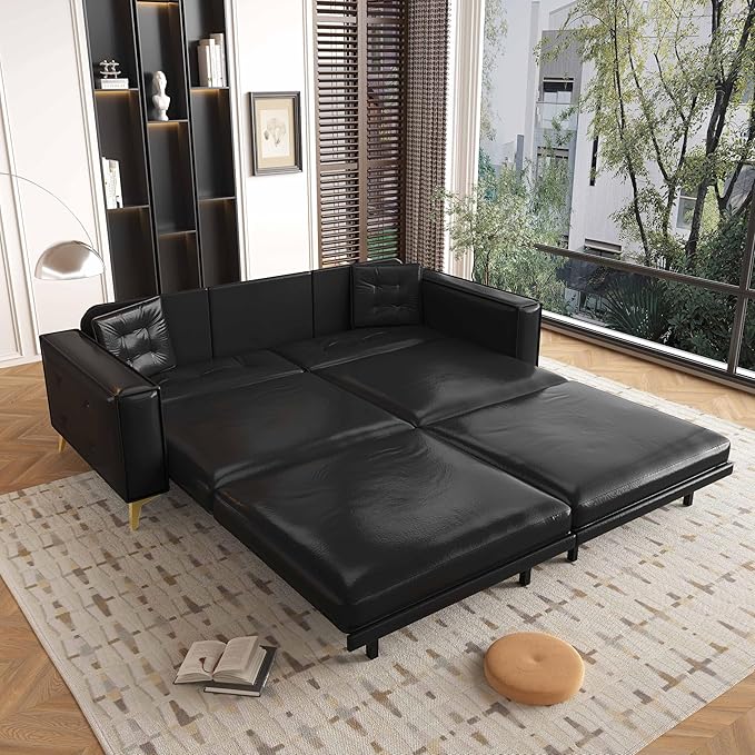 92.1'' King Pull out Sofa Bed Convertible Futon Couch 3-in-1 Faux Leather Sleeper Sofa with Tufted Back 2 Pillows Gold Legs Deep Folding Loveseat Couches for Living Room Apartment Black