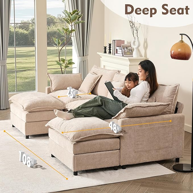 108 U Shaped Couch Modular Sectional Sofa 3-Seater Comfy Cloud Couch Set of Modular Pieces with Movable Ottoman Deep Seat Couches for Living Room Chenille Flat White