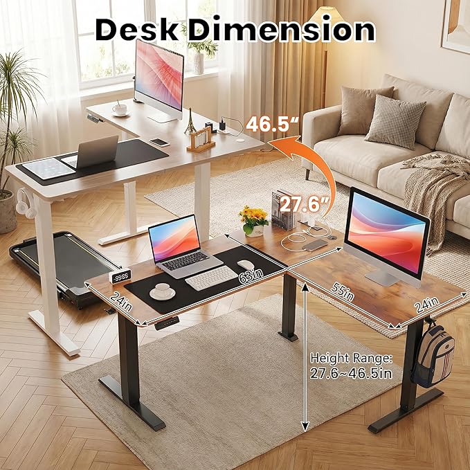 farexon 63x55 Inch L Shaped Standing Desk with Outlets Electric Adjustable Height Stand Up Desk Corner sit Stand Desk with Mouse Pad Hook Home Office Writing Gaming Computer Workstation Oak Grey