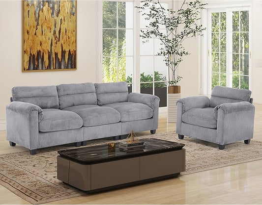 Corduroy Sofa Set Upholstered Armchair and 3-Seater Couch with Plush Cushions and Rolled Arms Modern Living Room Furniture SetsGrey