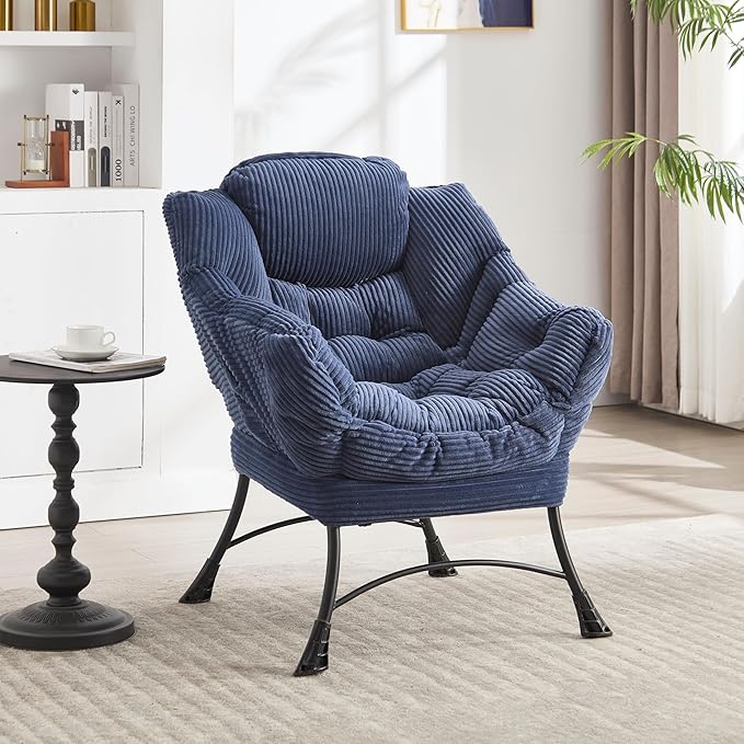 Lazy Chair with Ottoman Set Modern Lounge Upholstered Accent Sofa Chair with Armrests and Side Pocket for Small Space Bedroom Living Room Dorm Rooms Garden Navy Blue
