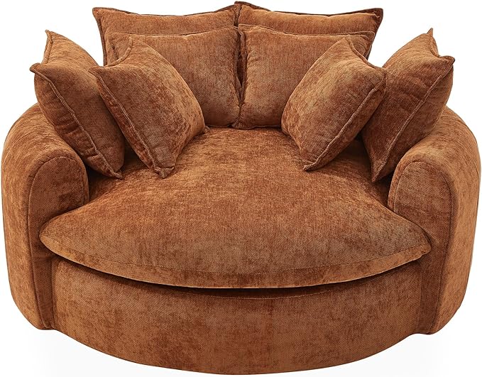 JUSTONE Oversized Round Chaise Lounge Chair 59.8-inch Modern Upholstered Chenille Cloud Chair Deep Seat Circle Floor Sofa for Living Room Bedroom Apartment Orange