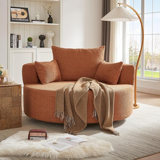 Merax 56 W Accent Chair 360°Swivel Chair with Seat Depth and 3 Removable Pillows Round Barrel Chenille Upholstered Lounge Armchair Sofa Couch for Living Room Bedroom Office or Hotel Orange