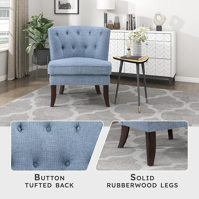 Lexicon Accent Chair Textured Fabric Upholstered Armless Chair with Solid Wood Legs Button Tufted Curved Back for Living Room/Bedroom/Office/Waiting Area Blue