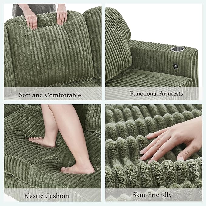 81 Convertible L Shaped Sleeper Sofa Couch with Pull Out Sofa Bed Sleeper Bed with Oversized Storage USB Ports &amp Cup Holder Sectional Couches for Living Room Green Corduroy