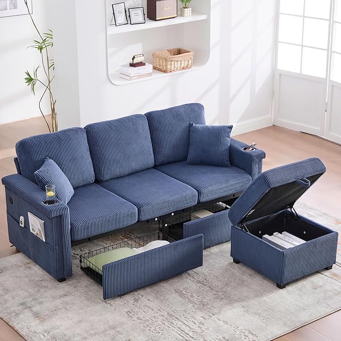L Shaped Sectional Sofa with Storage &amp Movable Ottoman 76 Corduroy 3 Seater Sectional Couch with USB Charging Cup Holder &amp LED Light Couches for Living Room Navy Blue