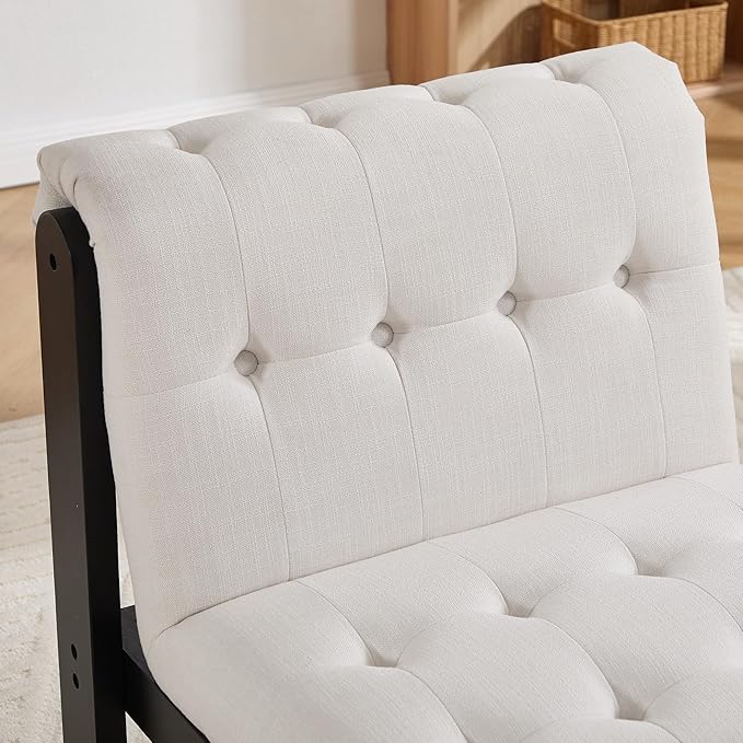 Modern Armless Accent Chair for Living Room Beige Chenille Button Tufted Upholstered Lounge Reading Chair with Black Wood Frame