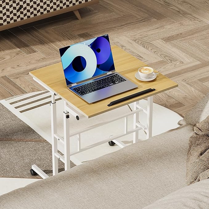 Small Standing Desk Adjustable Height and Angle Computer Laptop Desk Home Office Sit Standup Desk Portable Rolling Desk with Wheels 2 Platforms Natural