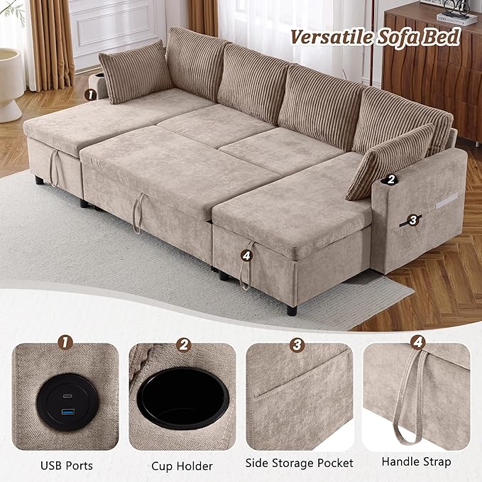 Merax Pull-Out Sofa Bed Sleeper Pull Out Sectional Couch with Storage USB Cup Holder for Apartment Living Room Brown