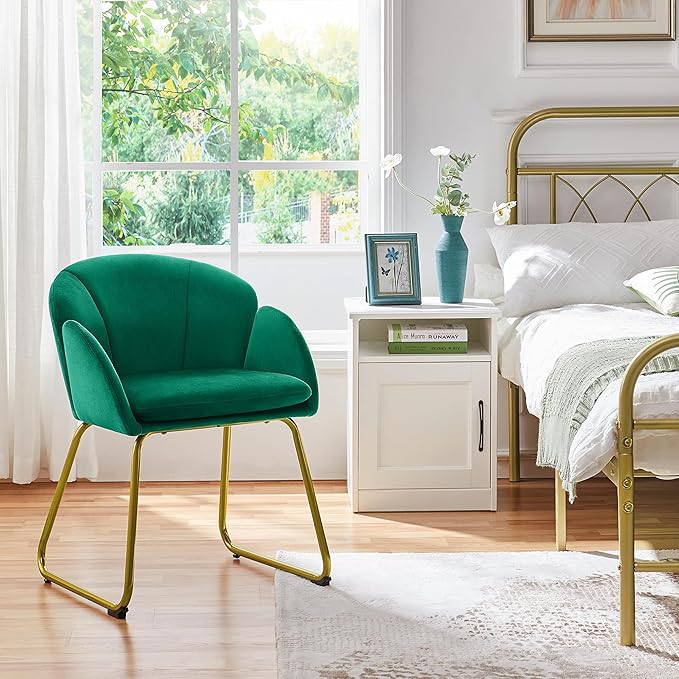 Yaheetech Flower Velvet Vanity Chair Modern Side Chair Armchair with Golden Metal Legs for Living Room/Dressing Room/Bedroom/Home Office/Kitchen Green