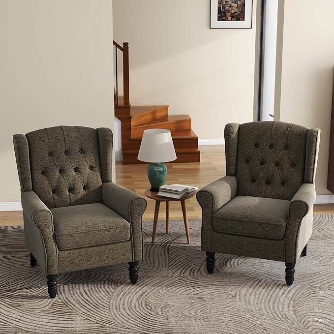 UIXE High Back Accent Chair Fabric Upholstered Armchair Retro Wingback Arm Chair for Living Room Comfy Single Sofa Bedroom Reading Seat with Solid Wood Legs - Tan Taupe