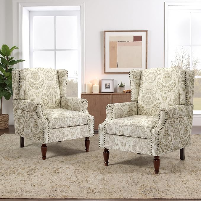 Wingback Accent Chairs Set of 2 High Back Upholstered Armchair Printed Fabric Wingback Arms Chairs with Wood Legs Single Sofa Reading Chair for Bedroom Living Room White