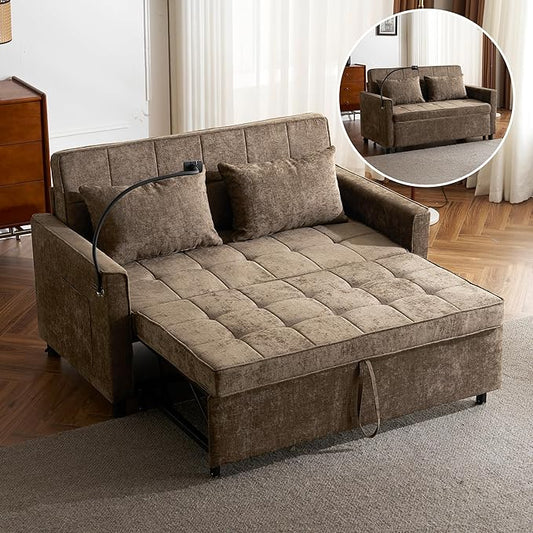 Merax 3 in 1 Convertible Sleeper Sofa Bed Futon Couches for Living Room with USB Ports | Phone Holder| Reversible Backrest | Pull Out Couch |Small Loveseat Brown