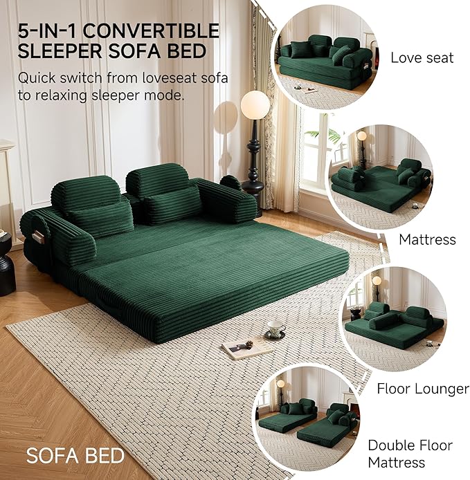 79 Sofa Bed Deep Seat 32 Sleeper Sofa 5-in-1 Convertible Sofa Bed Boneless Couch in a Box Corduroy Floor Futon with Thickened backrest and Headrest Pillows Side Pockets Olive Green