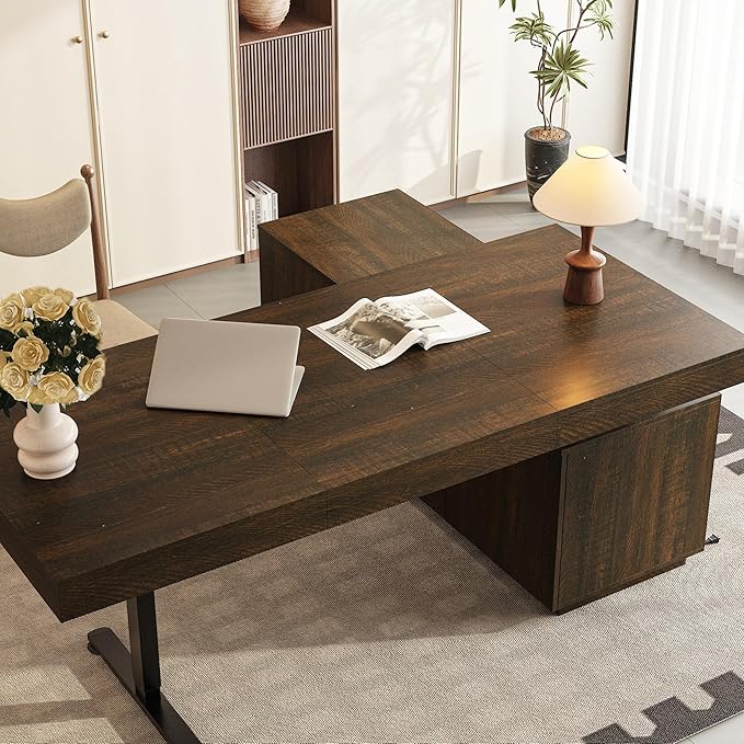 L Shaped Electric Standing Desk 29.1-44.1 Height Adjustable Reversible Computer Desk with 4 Drawers and Storage Cabinet Memory Study Writing Gaming Table for Home Office Brown