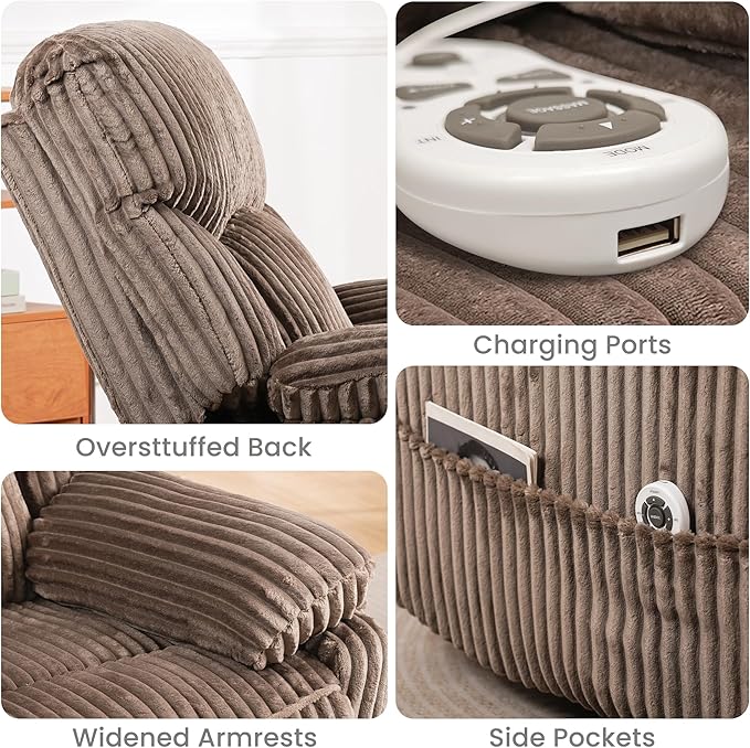 SUNWAVE Power Recliner Chair Electric Swivel Rocker Heat &amp Massage Hybrid Corduroy Infinite Position Recliner USB Remote Tool-Free Assembly (Brown)