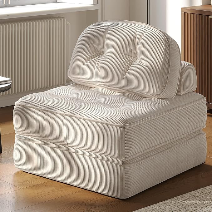 Dowinx Folding Sofa Bed with Pillow Convertible Comfy Couch Bed for Adults Home Lounge and Gaming Modern Comfortable Design for Apartment Living Room Bedroom Single Ribbed Velvet White
