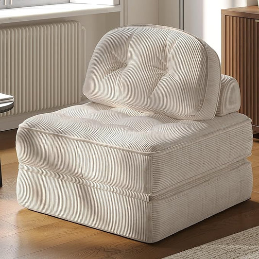Dowinx Folding Sofa Bed with Pillow Convertible Comfy Couch Bed for Adults Home Lounge and Gaming Modern Comfortable Design for Apartment Living Room Bedroom Single Ribbed Velvet White