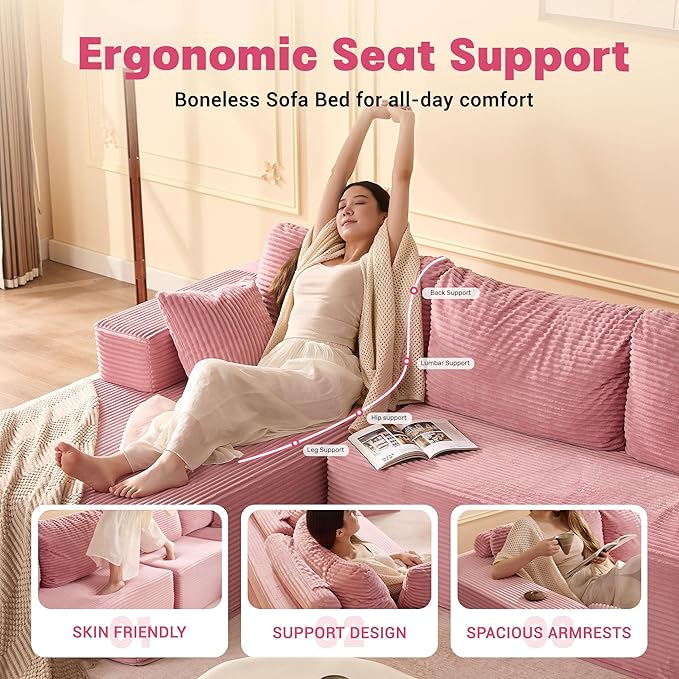 107 Boneless Couch with Deep Seat Set of Modular Sectional Sofa Cloud Sectional Couch for Living Room No Assembly Required Corduroy L-Shape Left Pink