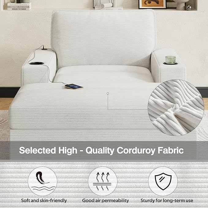 42.8 Oversized Chaise Lounge Chair with Storage Ottoman Corduroy Sofa Bed with Cup Holders &amp USB Charging Port Upholstered Sleeper Chair for Living Room BedroomBeige