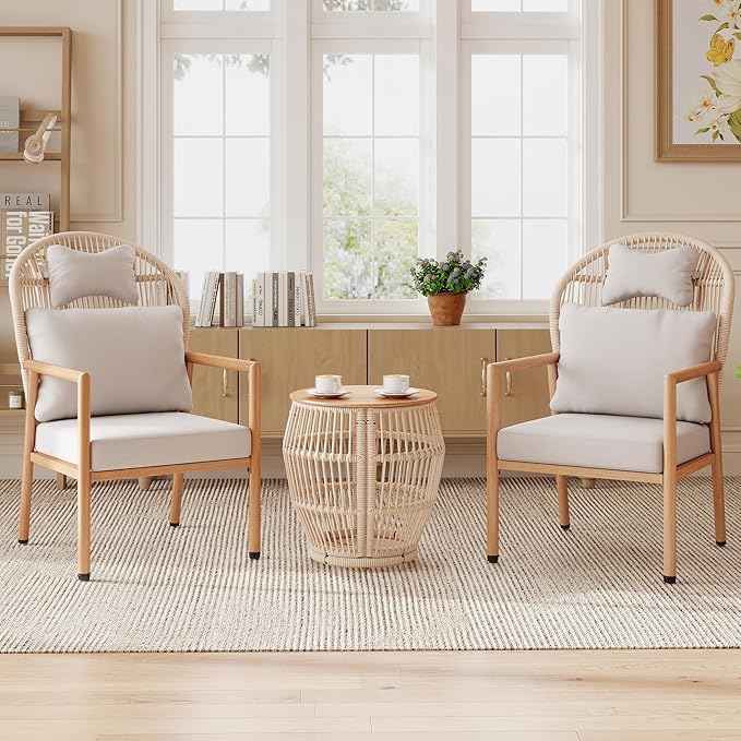Modern Living Room Chairs Accent Chairs Set of 2 with Coffee Table Comfy Arm Chair with Cushions Rattan Reading Lounge Chair with Metal Frame Armchair for Bedrooom/Indoor/Outdoor Beige