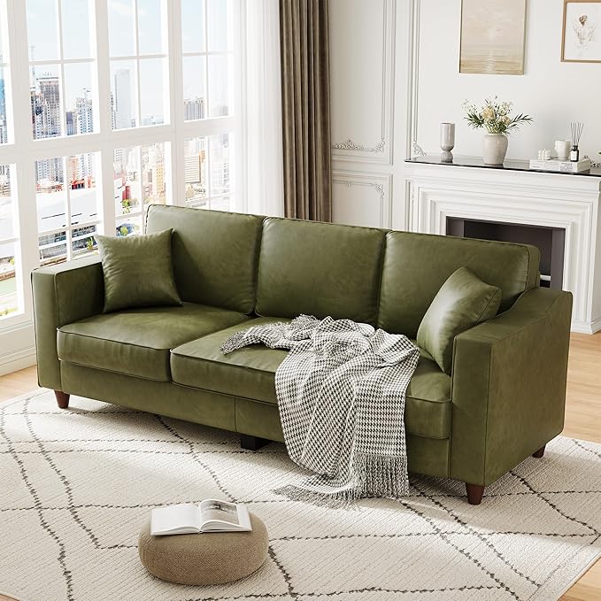 Faux Leather Couch with 2 Throw Pillows Sofa Couches for Living Room 3 Seater Sofa with Wide Armrests Wood Legs Deep Seats Back Cushion Sturdy Support Feet for Office Living Room Olive Green