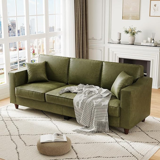 Garvee 85 Inches 3-Seater Sofa Couch with 2 Throw Pillows Faux Leather Couch with Wide Armrests Wood Legs Deep Seats Back Cushion Sturdy Support Feet Sofa Couches for Living Room Olive Green