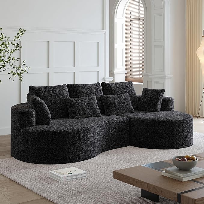 KEIKI 105 L Shaped Corner Couch Upholstered Curved Cloud with 7 Pillows Chenille Sectional Couch for Living Room Bedroom Black