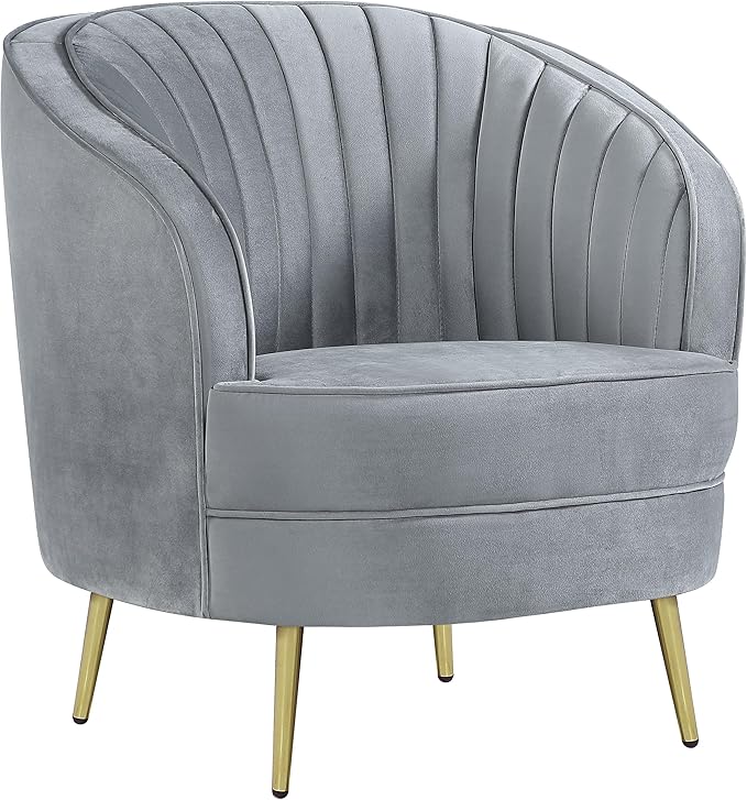 Coaster Home Furnishings - Sophia - Channel Tufted Barrel Accent Chair with Gray Velvet Upholstery Foam Cushion Gold Legs and Vertical Channel Tufting - Living Room - Gray - 506866
