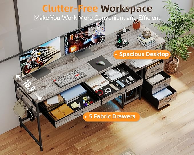 YOSHOOT 60 Computer Desk with 5 Fabric Drawers - Gaming Desk with Storage and Power Outlets Home Office Desk for Adults and Teenagers Working Writing Study Grey