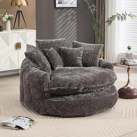54 Oversized Round Chair Couch Lounge Chaise Indoor Comfy Boneless Sofa for Living Room Cloud Large Circle Couch Chair with 5 Pillows Fluffy Modern Sleeper Sofa Bed for Reading (Dark Grey)