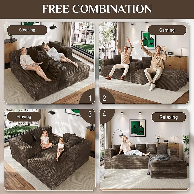 Modular Sectional Sofa 107 L Shaped Cloud Couch Plush Corduroy Deep Seat Boneless Sofas with 5 Pillows Long Chaise Lounge Couches Memory Foam for Living Room - Brown Right Facing Chaise