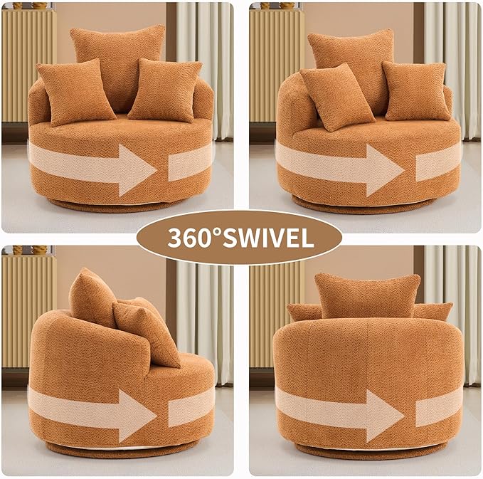 40” Orange Round Swivel Chair with 3 Pillows &amp Thick Cushion Oversized 360° Swivel Accent Chair Modern Boucle Armchair for Nursery Living Room Bedroom Club