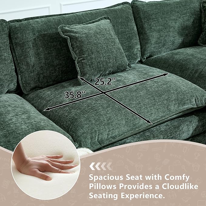 113.4 Deep Seat Sectional Cloud Sofa with 2 Ottomans Oversized U Shaped Modular Couch Large 6 Seater Corner Couches for Living Room Green Chenille