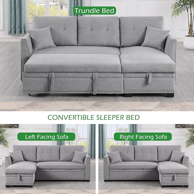 BEEY Convertible Sleeper Sofa Bed 82 Small Sectional Sofa with Storage Chaise for Small Spaces L Shaped Couch with Pull Out Bed for Bedroom Living Room (Light_Grey)