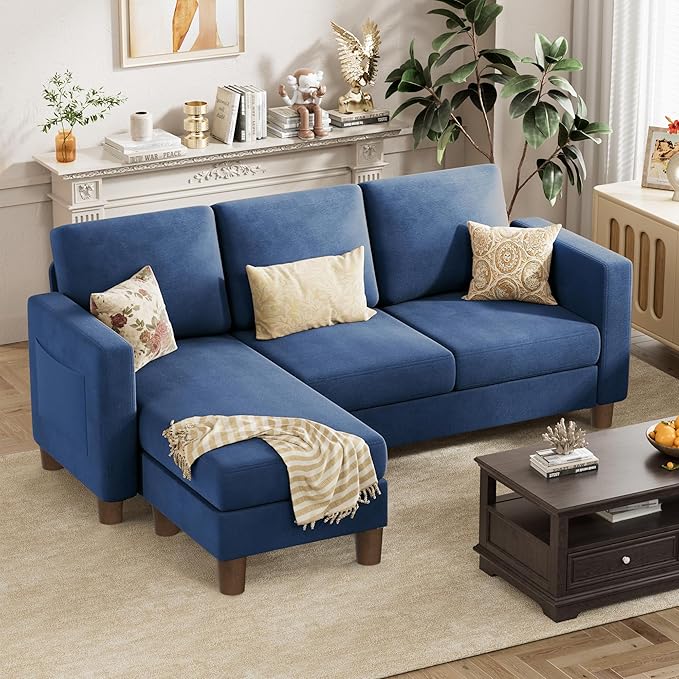 VICTONE Convertible Sectional Sofa Couch 3 Seat L-Shaped Sofa with Linen Fabric Ottoman Small Couch for Small Apartments Living Room and Office (Linen Fabric Blue)