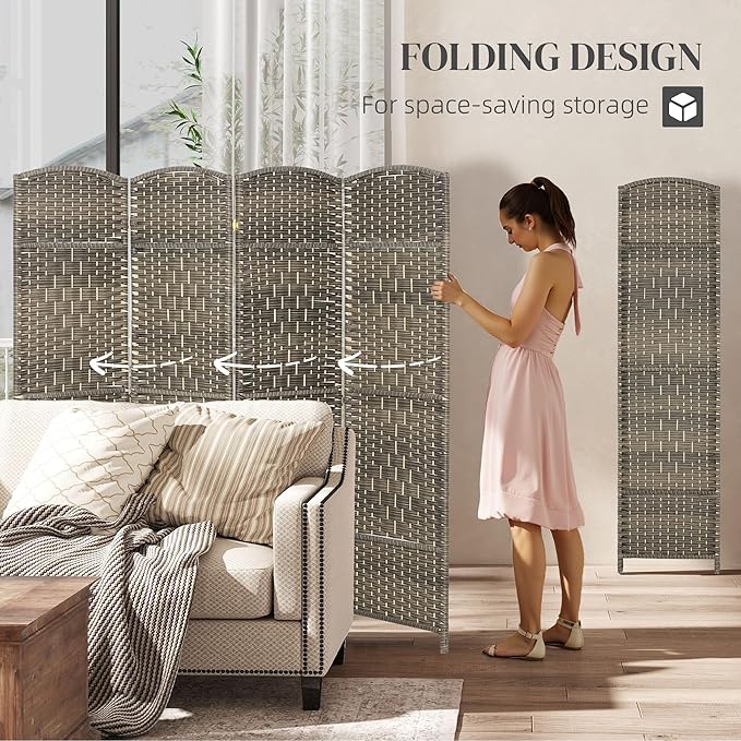 HOMCOM Room Divider 6 Ft 4 Panel Folding Privacy Screen Hand-Woven PP Wall Partition with Pine Wood Frame Freestanding Room Separator for Bedroom Home Office No Assembly Dark Rustic Oak