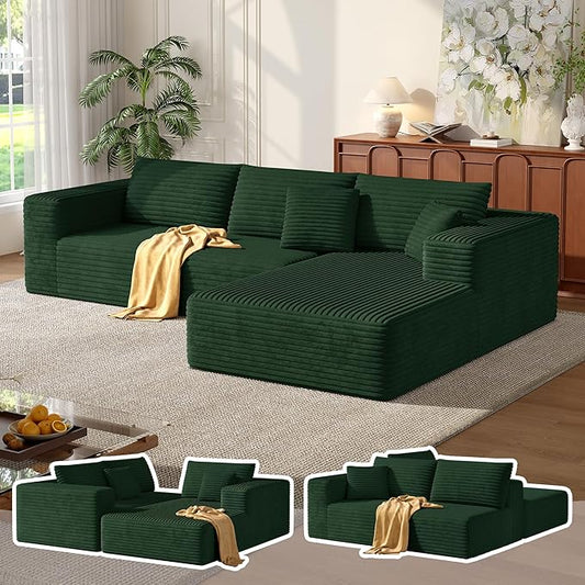 MoonSpeak 107 Sectional Boneless Couches for Living Room.Deep Seat Corduroy L Shaped Modular Sofa.Cloud Sectional Sofa.Upholstered Couches with Oversized Chaise(GreenRight Chaise)