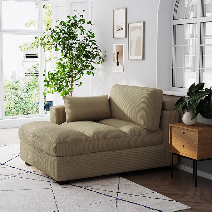 Chaise Lounge Indoor Upholstered Corduroy Sofa Counch with Right Armrest for Living Room Oversized Sleeper Sofa Bed with Pillows for Bedroom Apartment-Camel