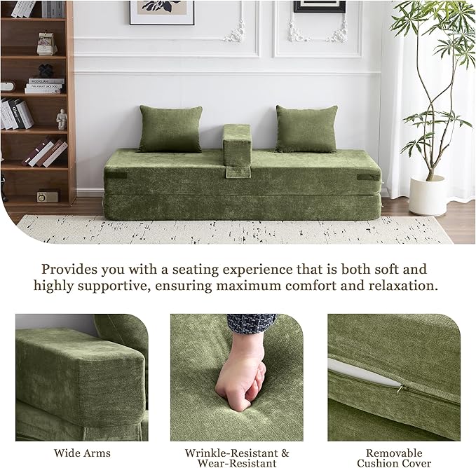 79 Convertible Folding Sofa Bed Queen Sleeper Sofa Couch with Armrest and Pillows Chenille Fold Out Floor Chaise Lounge Comfy Foldable Futon Mattress For Living Room Bedroom (Green 7.87)
