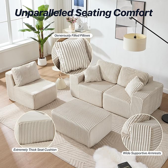 101.5'' Modular Sectional Sofa Cloud Sectional Couch with Deep Seat Comfy Fluffy L Shaped Couches Memory Foam Sofa with 1 Ottoman Corduroy Boneless Couch No Assembly Required Beige