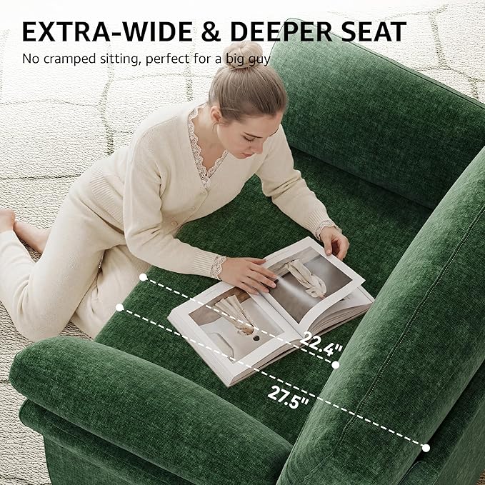 44.5 Oversized Accent Chair Comfy Chenille Fabric Living Room Chairs Upholstered Modern Armchair Extra Large Single Sofa Reading Chair for Bedroom Apartment Tool-free Assembly Dark Green
