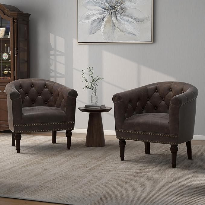 Accent Chair Upholstered Faux Leather Barrel Chair with Nailed Trim Comfy Club Armchair for Reading Living Room Bedroom Waiting Room (Coffee Set of 1)